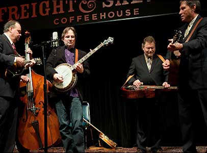 Bill Evans playing banjo with Ron on guitar at the Freight